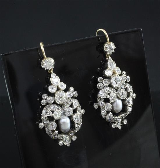 A pair of Victorian gold and silver, diamond and pearl cluster drop earrings, 1.5in.